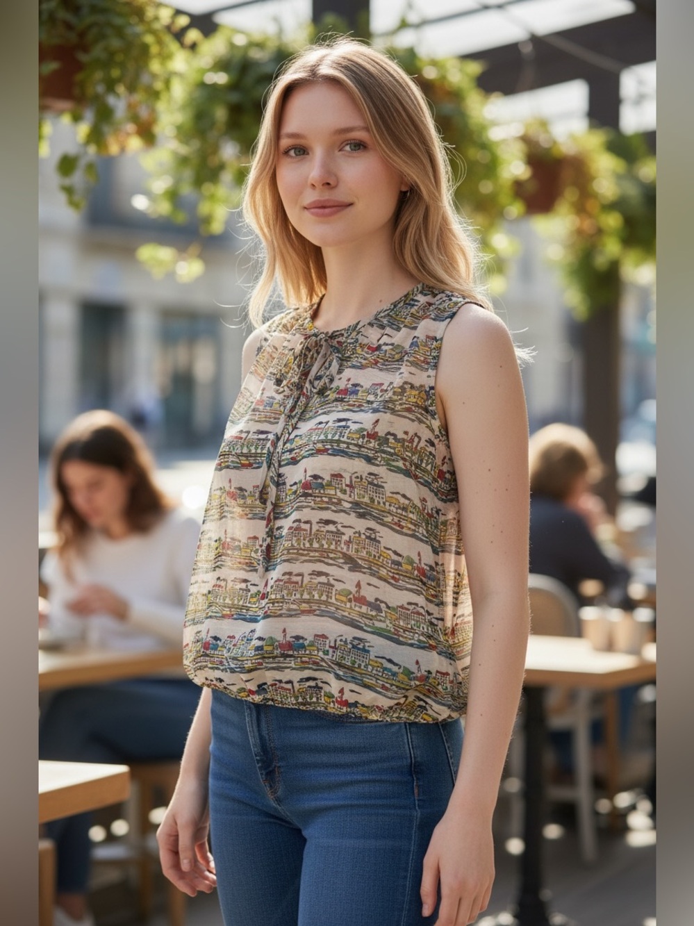 Banana Republic Sleeveless Cityscape Print Blouse in Cream & Multicolor